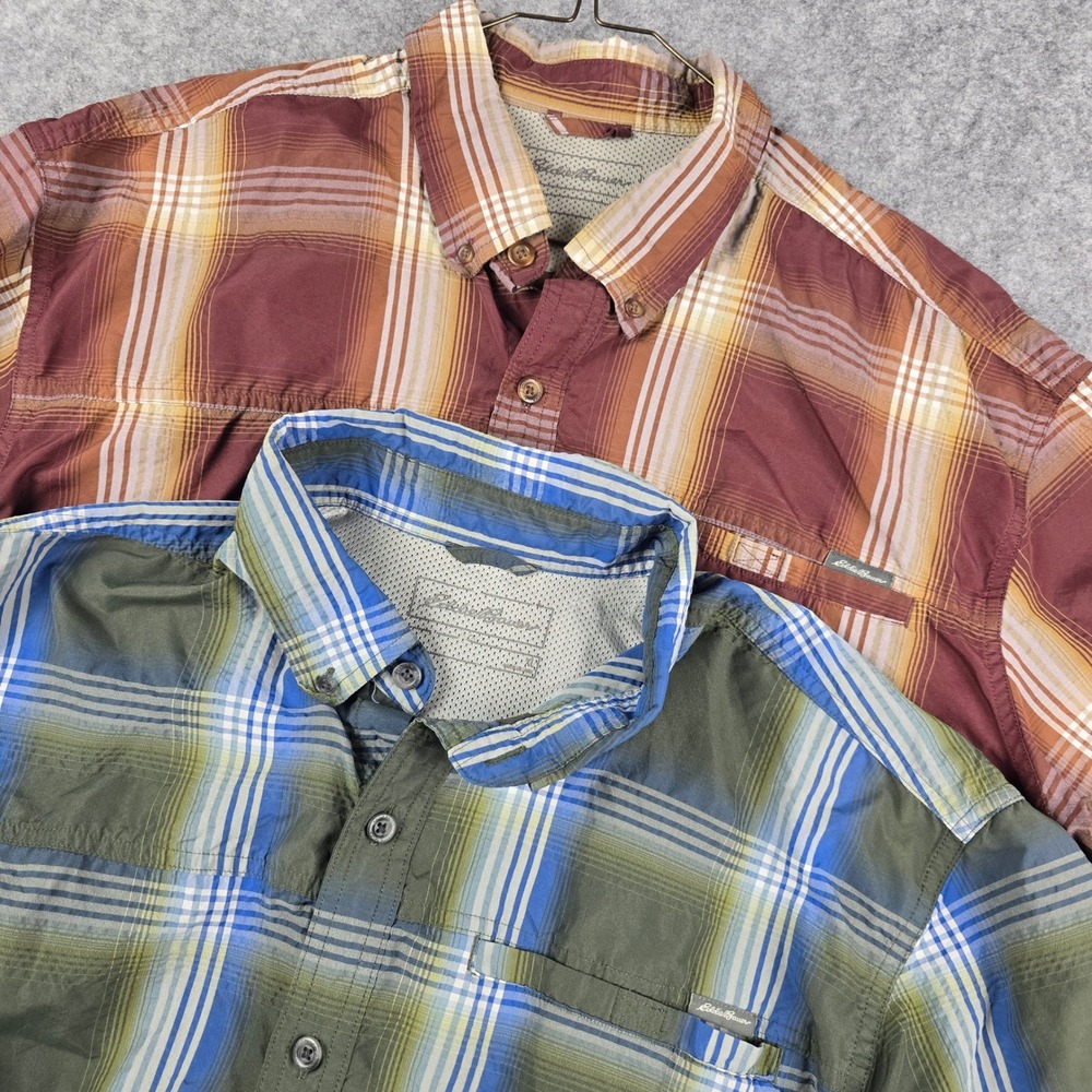 Eddie Bauer Mens XL Plaid Short Sleeve Button Down Shirt 2pc Bundle Nylon Classi